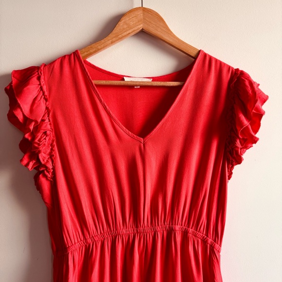 Solitaire Size M coral orange red eyelet floral dress with ruffle sleeves - Picture 5 of 12